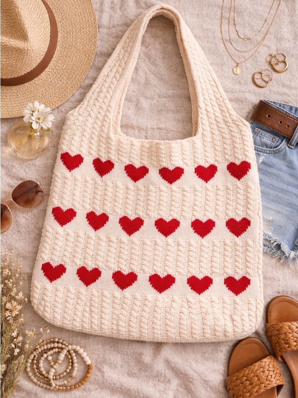 Cream Knit Heart Tote Bag | Cottagecore Boho